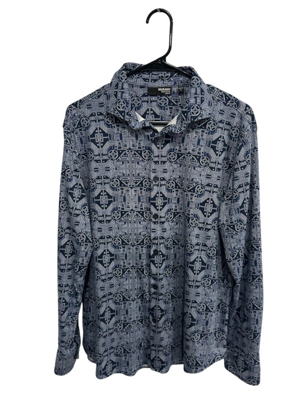 Murano Large Mens Blue Geometric Pattern Slim Fit Long Sleeve Shirt Techwear